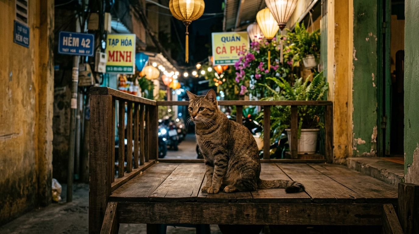 Un chat tigré observant la rue depuis le rebord d'une maison au Vietnam.