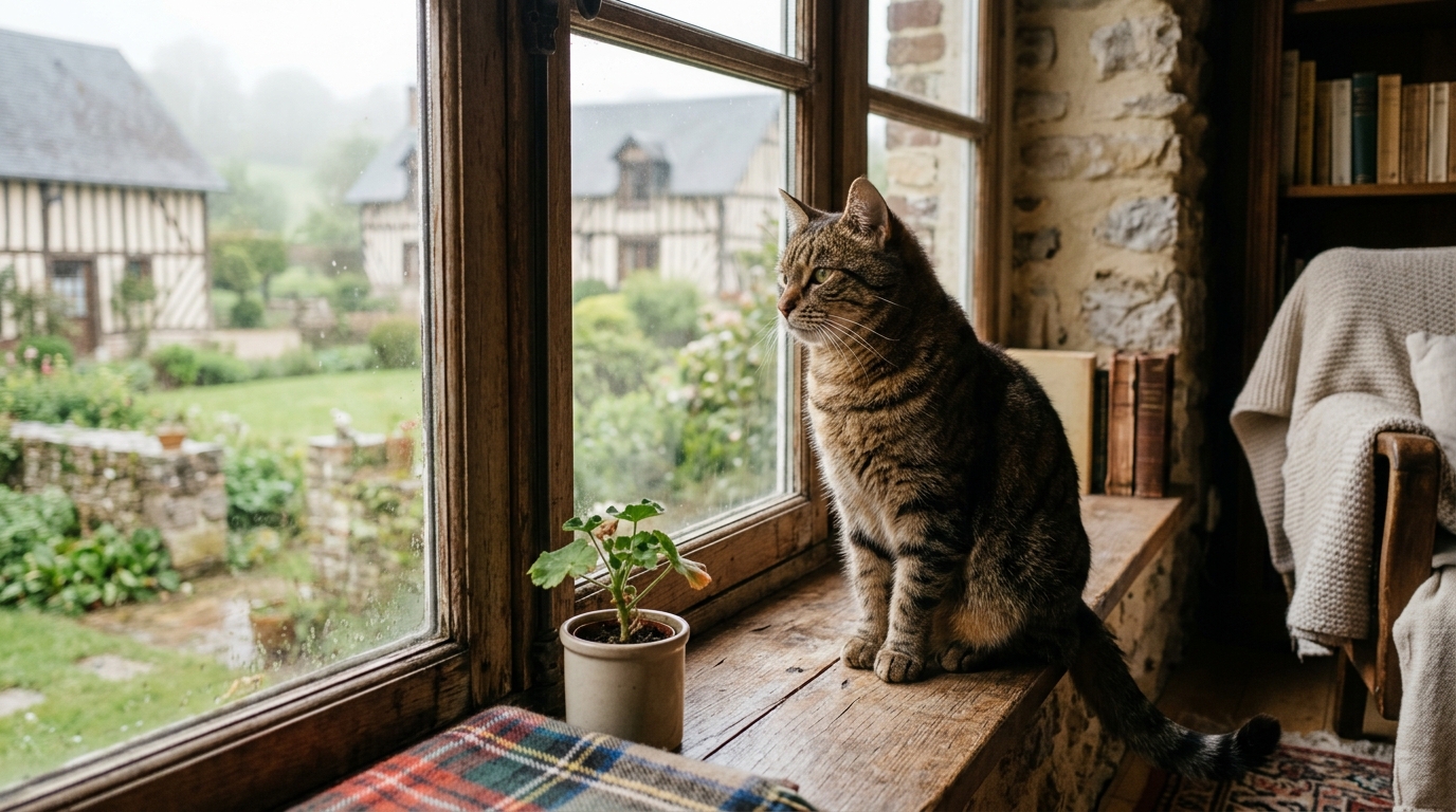Un chat tigré doux et apaisé assis près d'une fenêtre en Normandie.