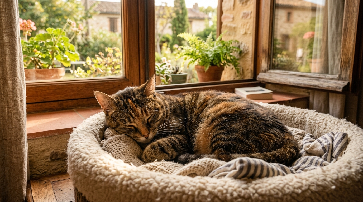 Un chat tigré dormant paisiblement sur un coussin confortable dans une maison.