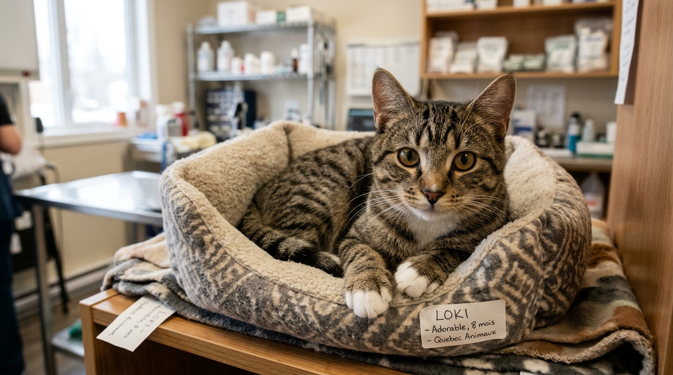 Un petit chat assis dans un refuge vétérinaire observant son environnement.
