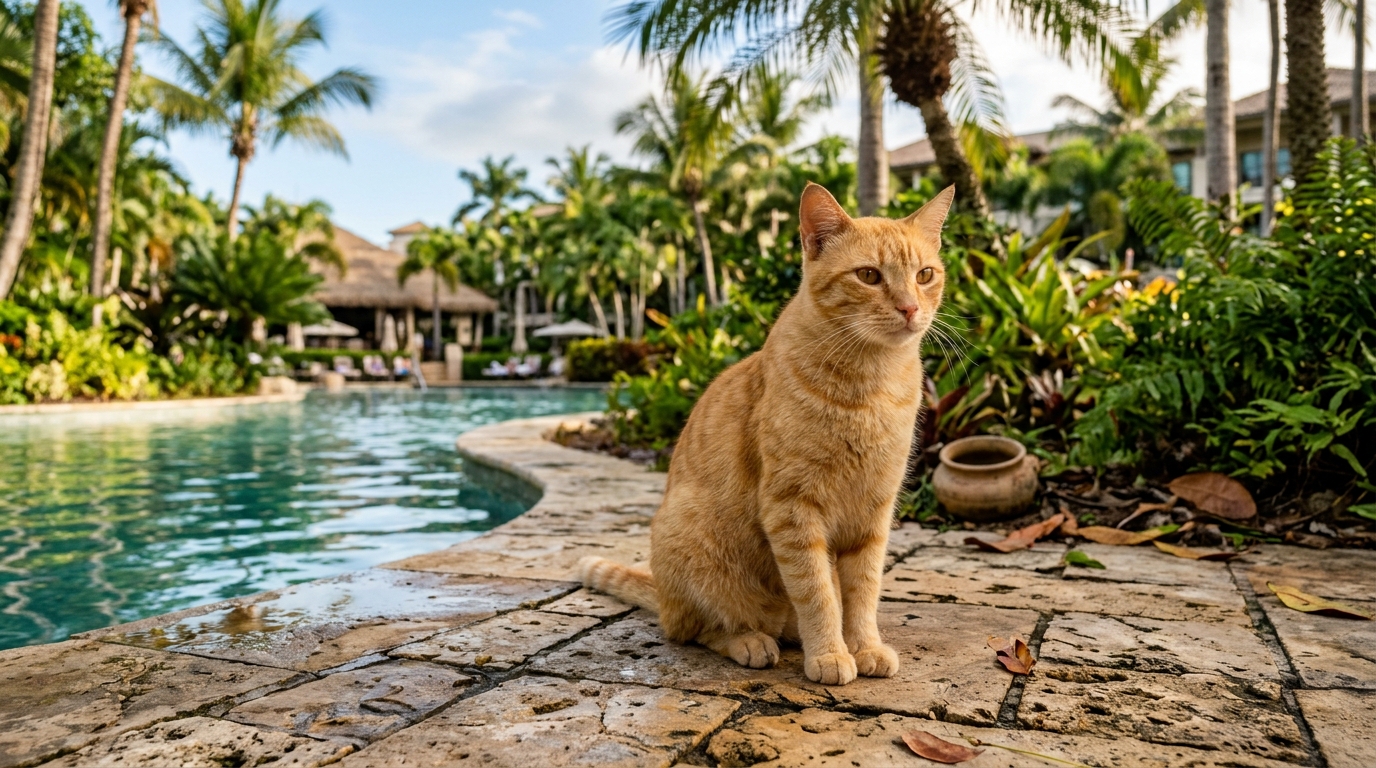 Un chat roux errant près d'une piscine d'un hôtel à Porto Rico.