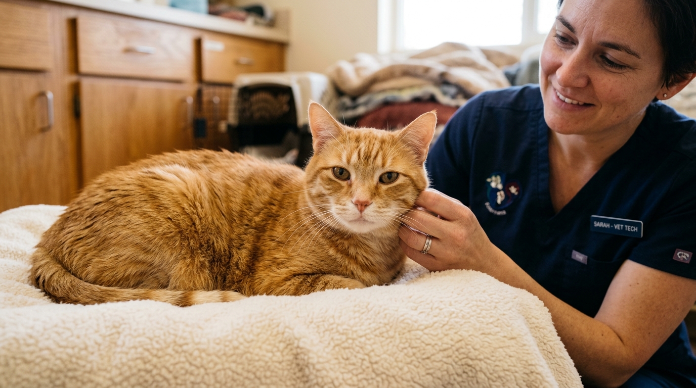 Un chat roux recevant doucement des soins dans un refuge pour animaux