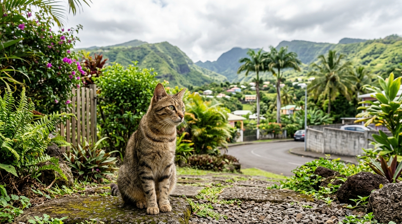 Un chat vigilant assis au bord d'une rue verdoyante à La Réunion.