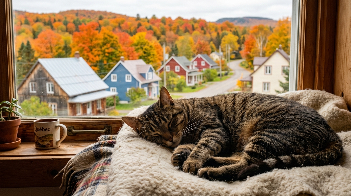 Un chat tigré assis calmement près d'une fenêtre donnant sur un paysage québécois.