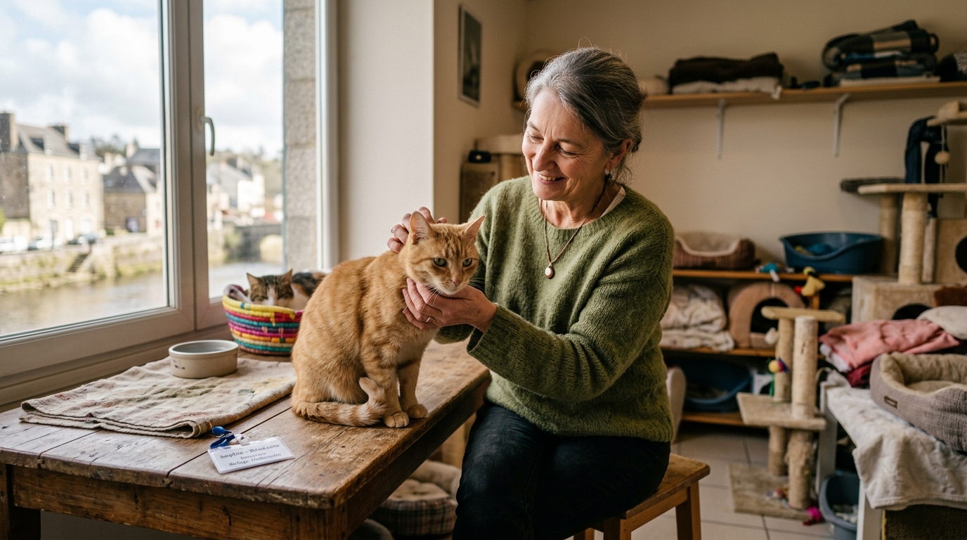 Un bénévole tenant tendrement un chat sauvé dans un refuge breton