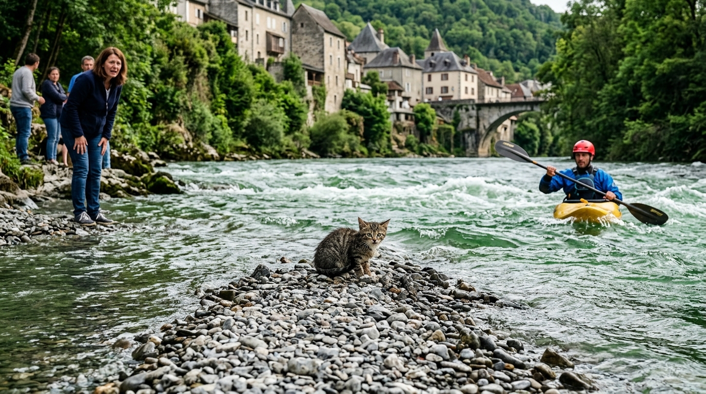 Un chat coincé sur un banc de galets au milieu d'une rivière est secouru par un kayakiste.