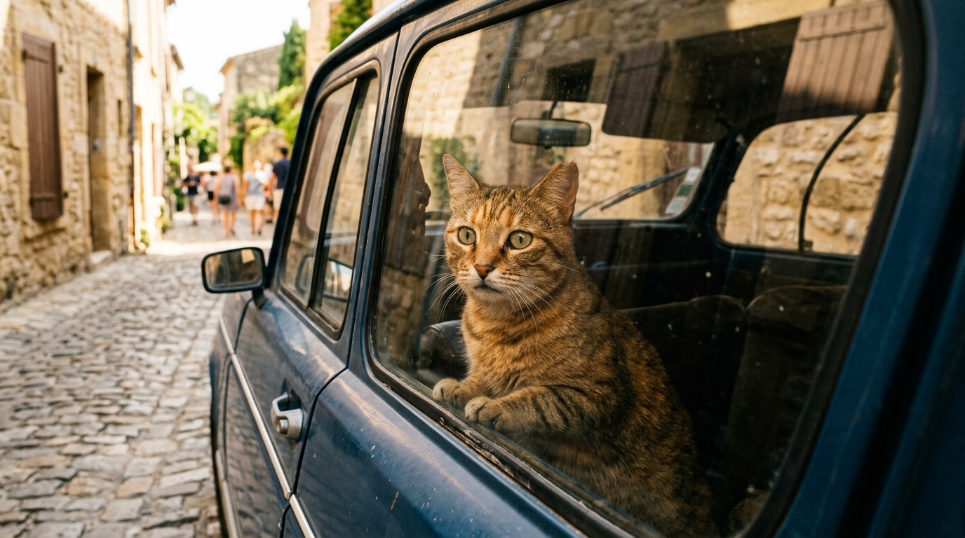 Un chat tigré regarde avec inquiétude à travers la vitre d'une voiture au soleil