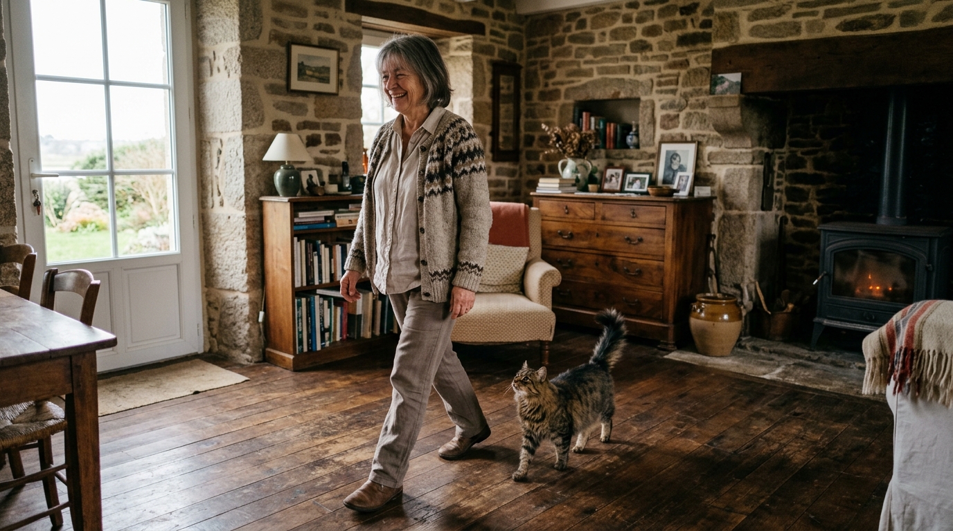 Un chat tabby senior marchant fidèlement derrière sa maîtresse dans un salon chaleureux
