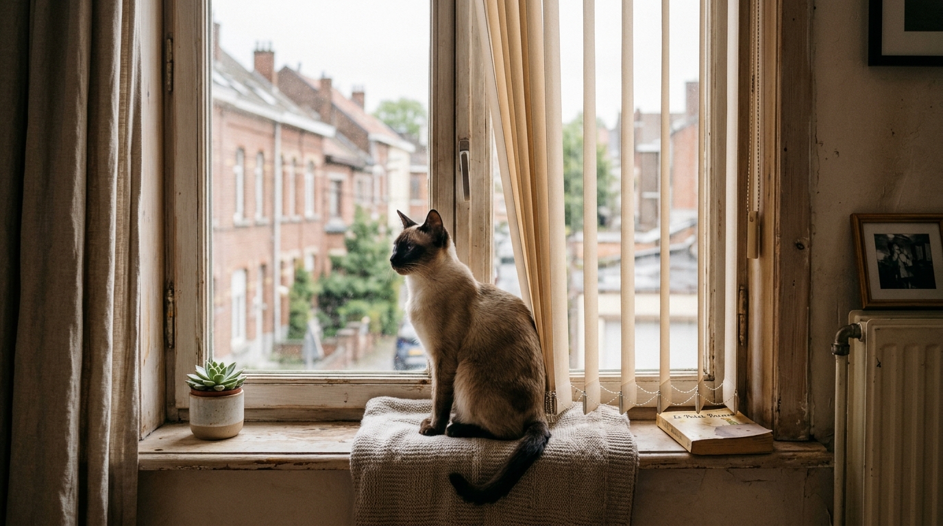 Un chat siamois assis près d'une fenêtre fermée dans un appartement lumineux à Charleroi