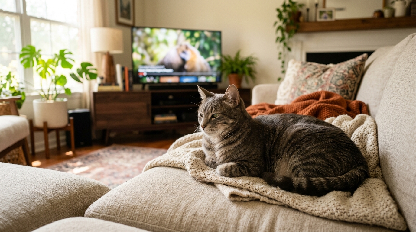 Un chat tabby gris assis sereinement dans un salon chaleureux