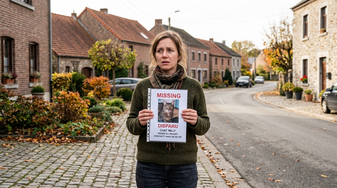 Une femme tenant une affiche pour retrouver son chat disparu à Lincent.