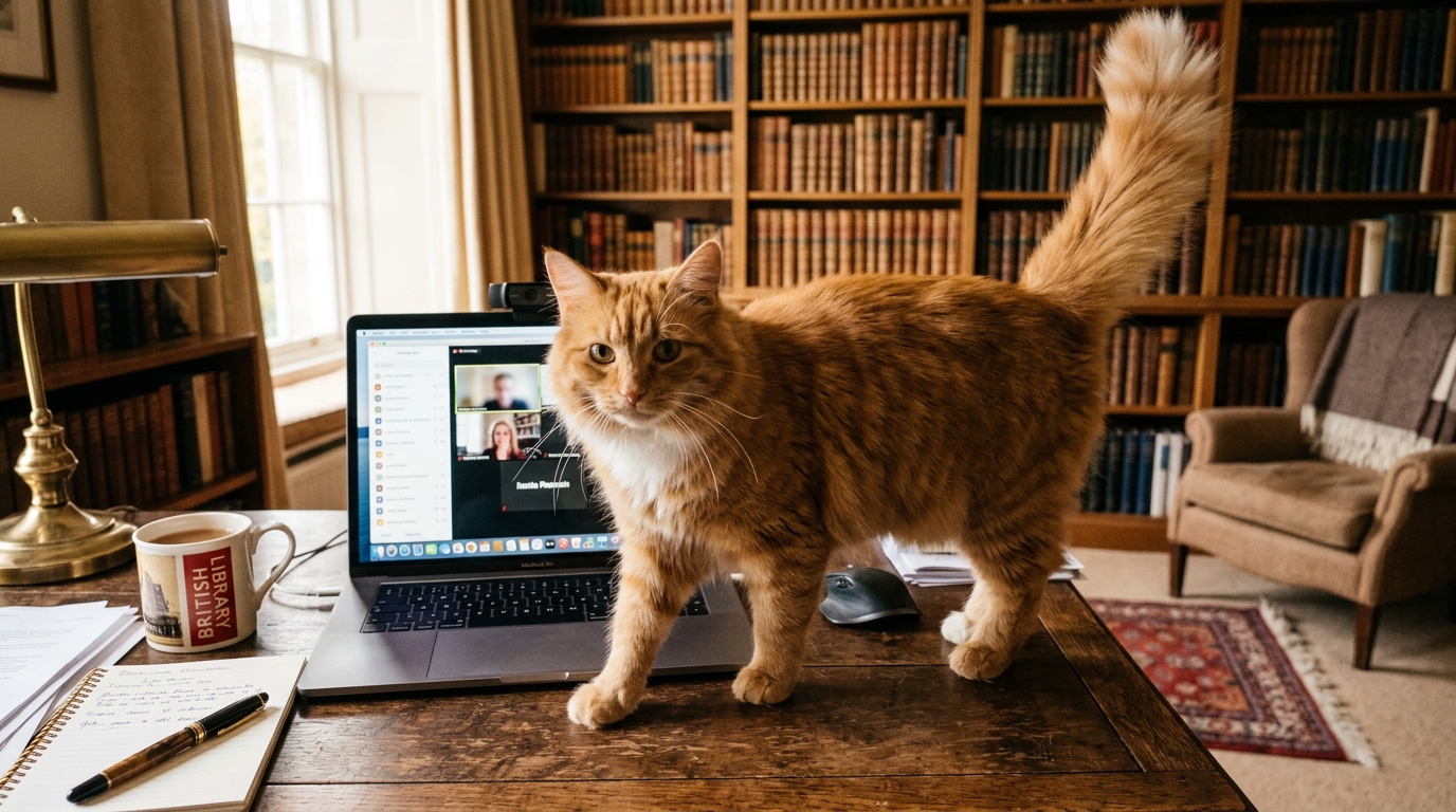 Un chat curieux passe devant l'écran d'un ordinateur pendant une réunion