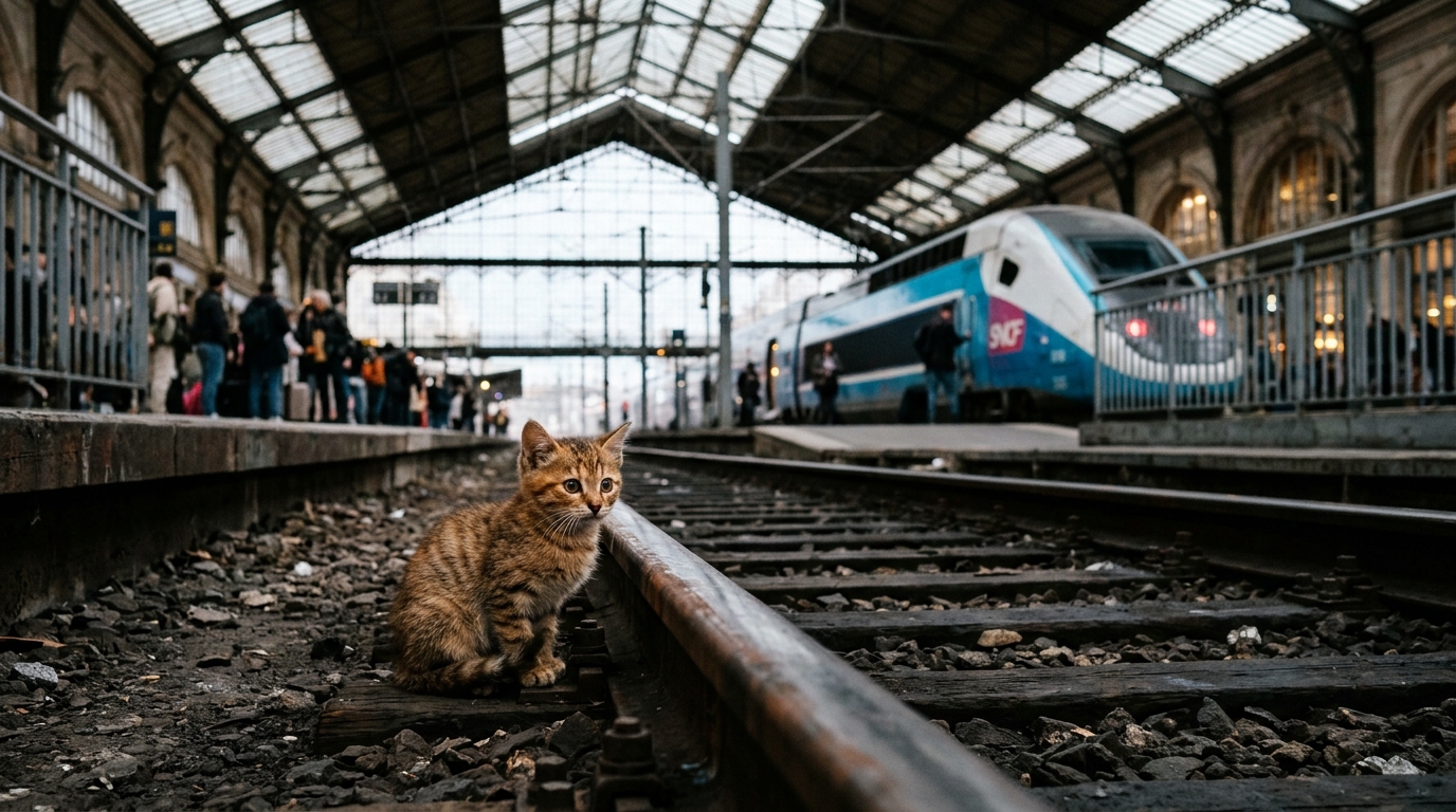Un chat apeuré sur le quai d'une gare ferroviaire parisienne