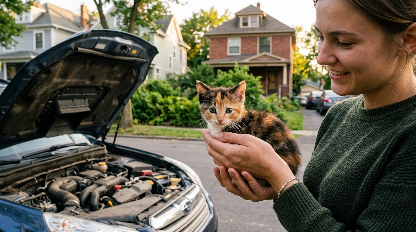 Un petit chaton calico sauvé sous le capot d'une voiture par deux policiers