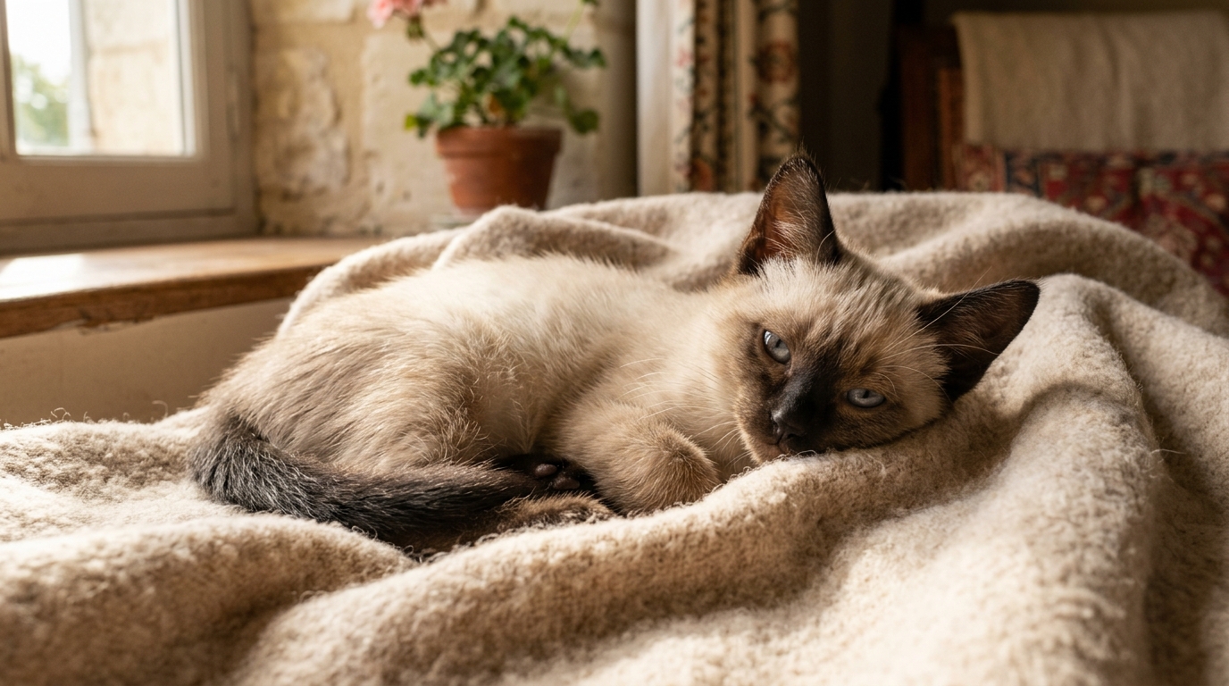 Un jeune chaton colourpoint de trois mois se reposant sereinement sur une couverture