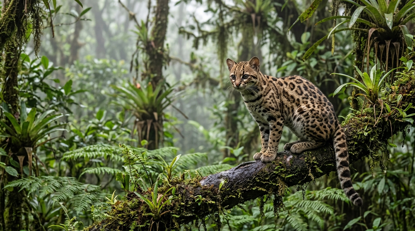 Petit félin sauvage aux rosettes foncées dans la forêt des Yungas en Bolivie