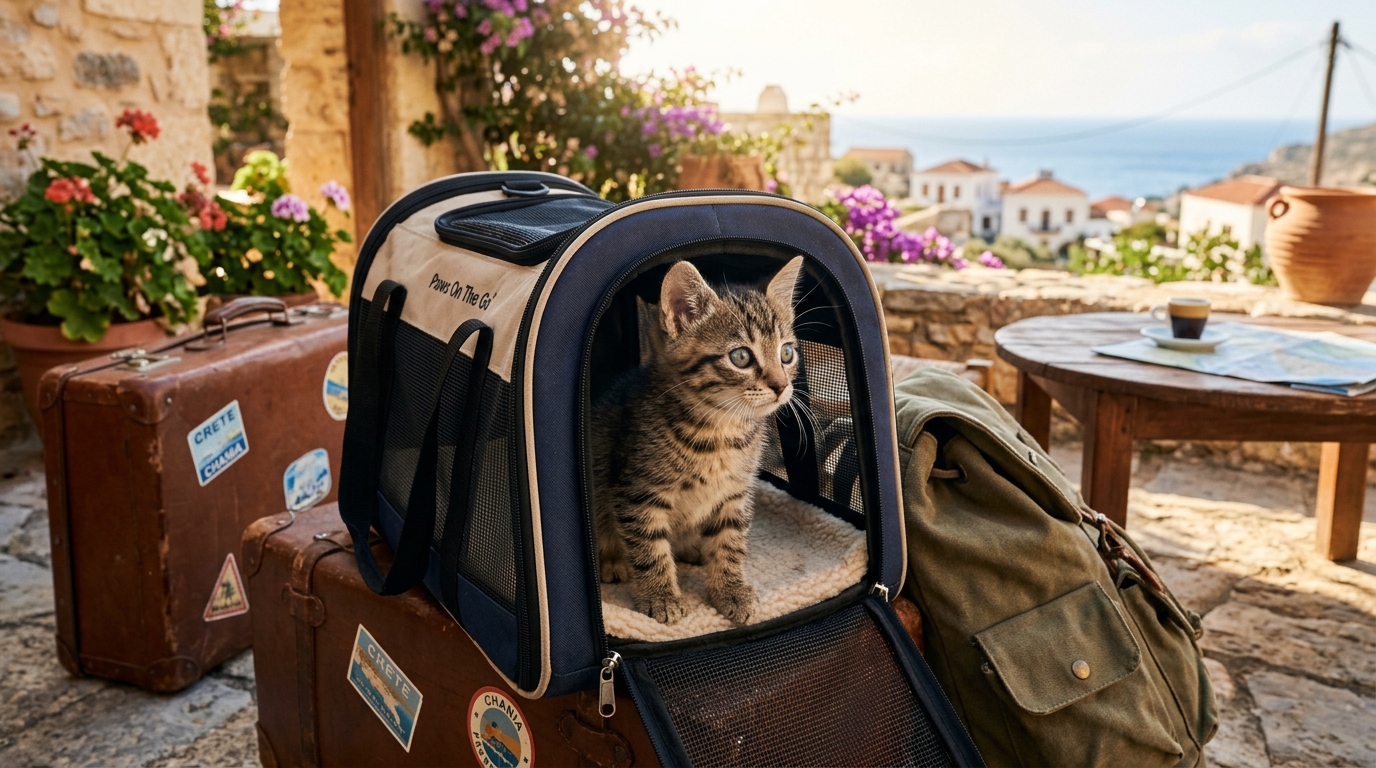 Un petit chaton roux installé dans un panier de transport de voyage