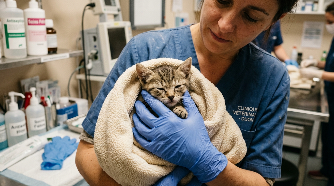 Un jeune chaton pris en charge au soin vétérinaire