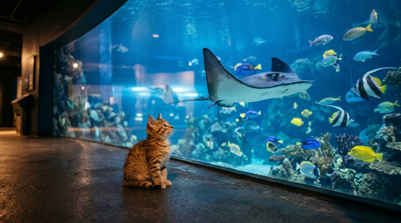 Un chaton orphelin observe attentivement des poissons à travers la vitre d'un aquarium