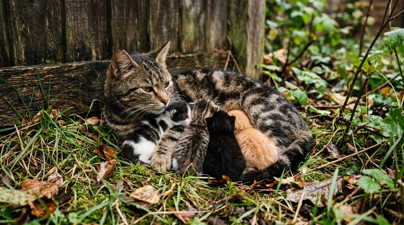 Une chatte et ses cinq chatons au pied d'une clôture en bois à Richmond