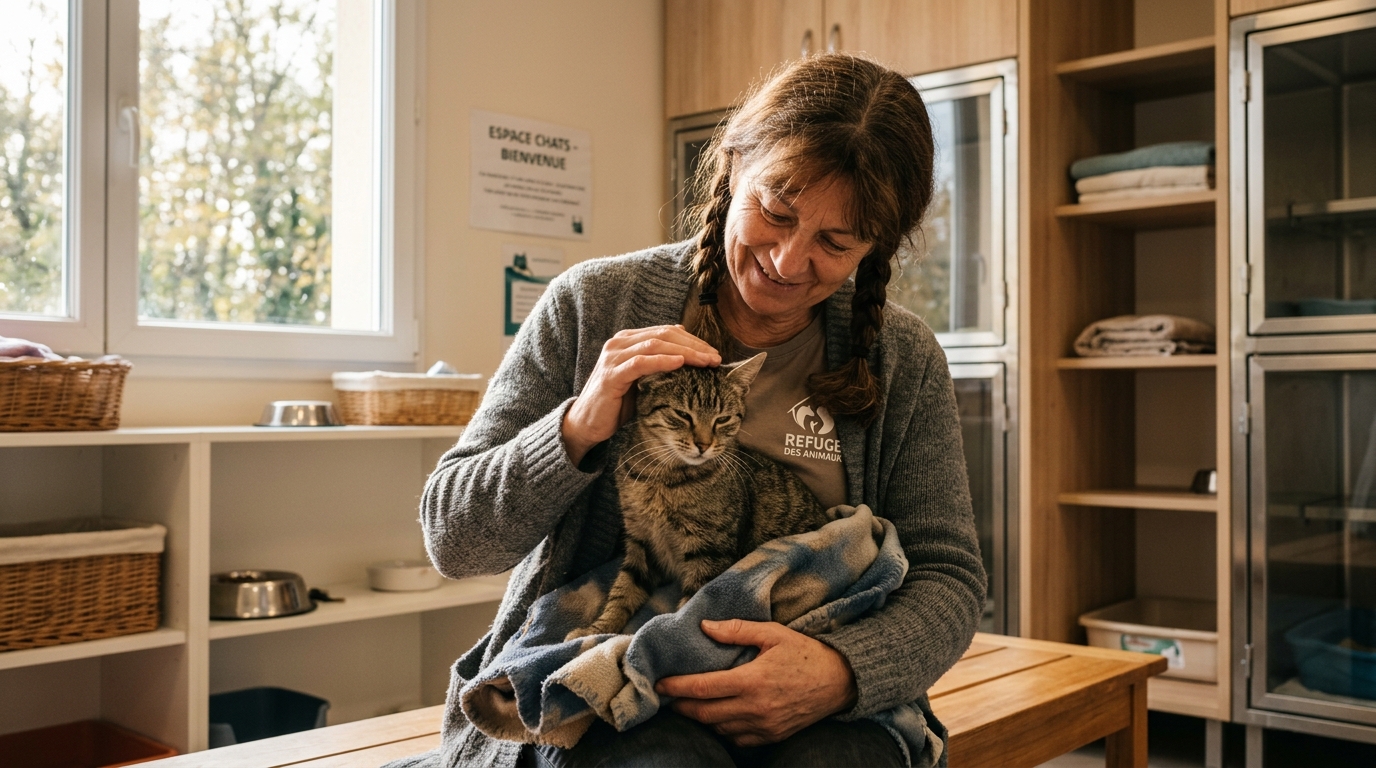 Un chat pris en charge avec douceur par un bénévole dans un refuge animalier en France