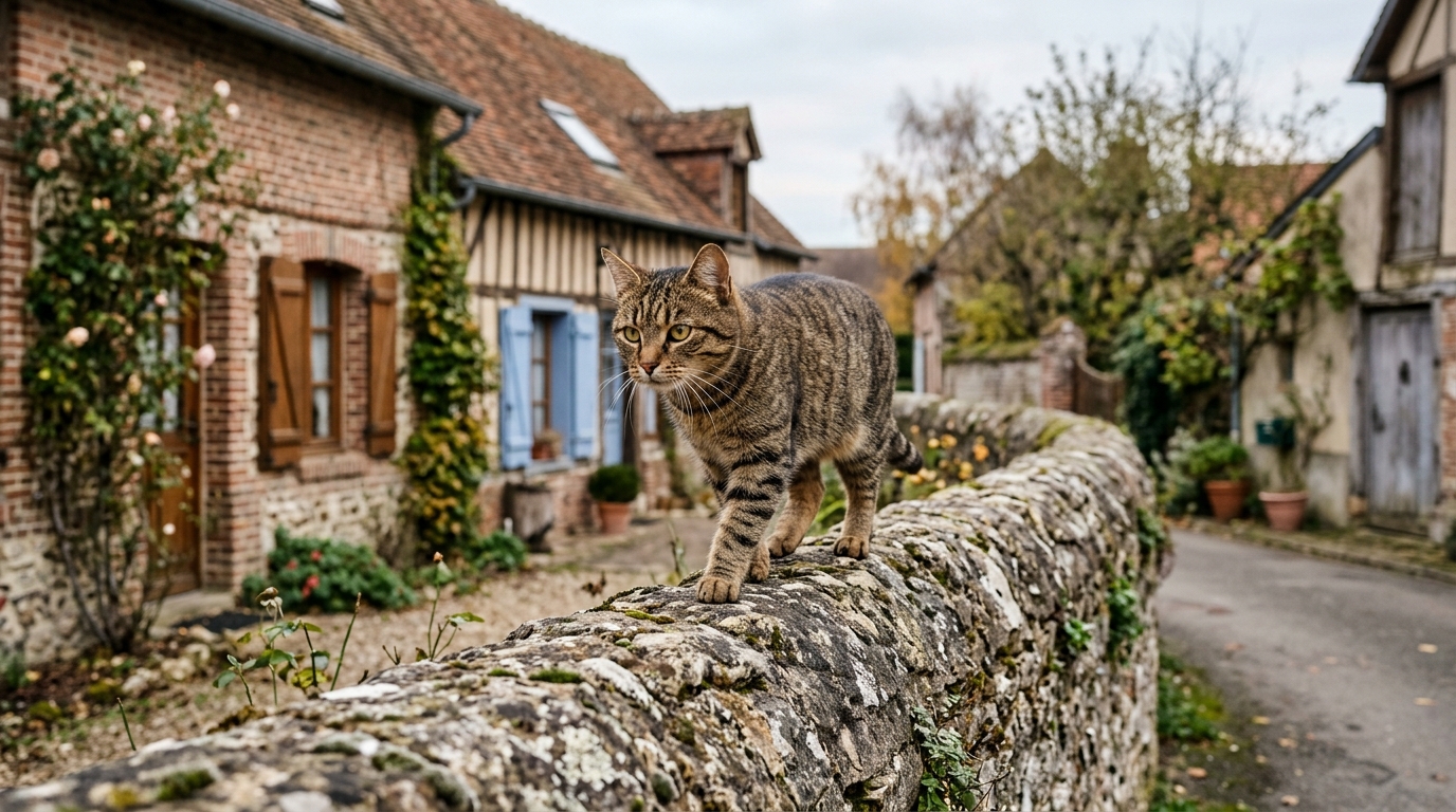 Un chat mignon marchant prudemment dans une ruelle rurale de la Somme
