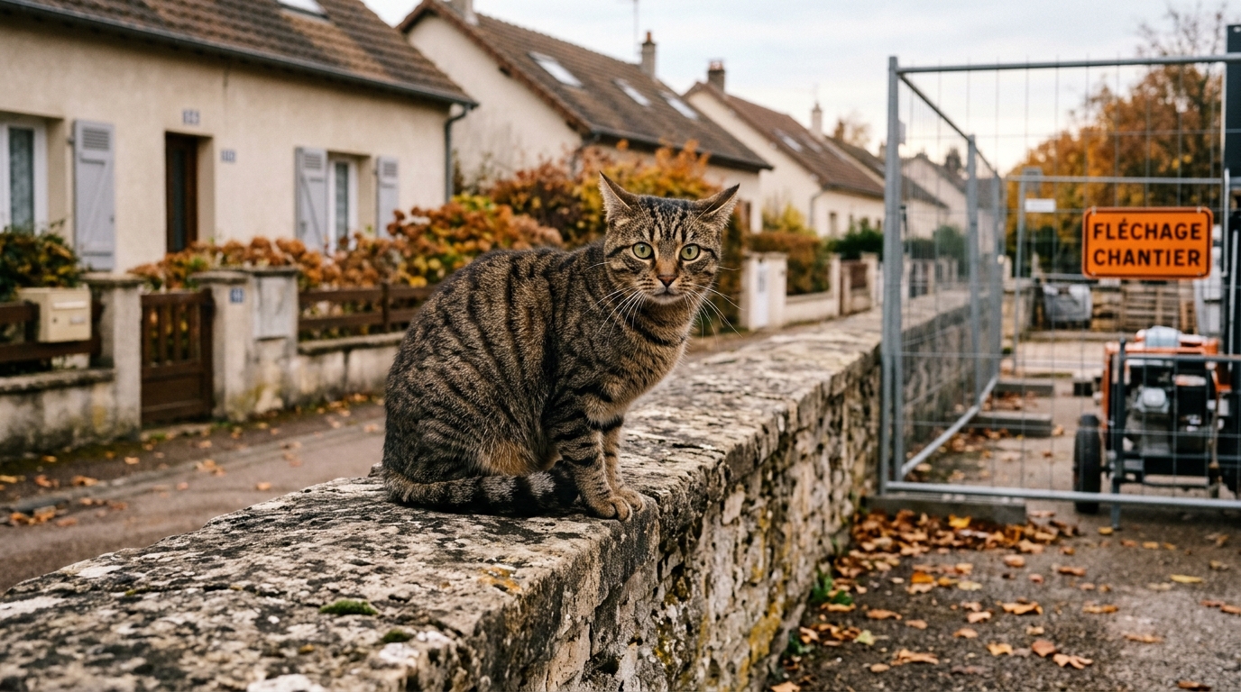 Un chat errant assis près de maisons abandonnées promises à la démolition à Dijon.