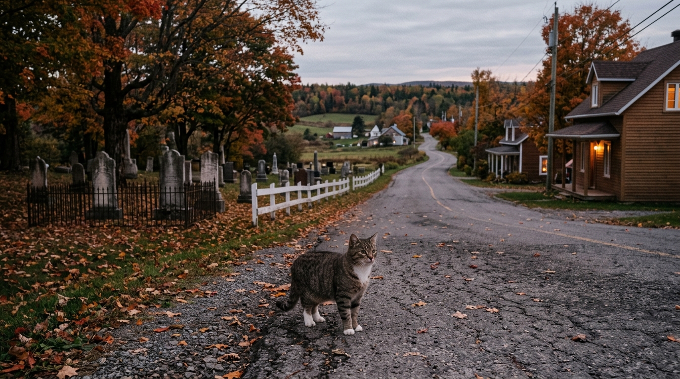Un chat marchant dans une rue tranquille près d'un cimetière à Saint-Épiphane au Québec.