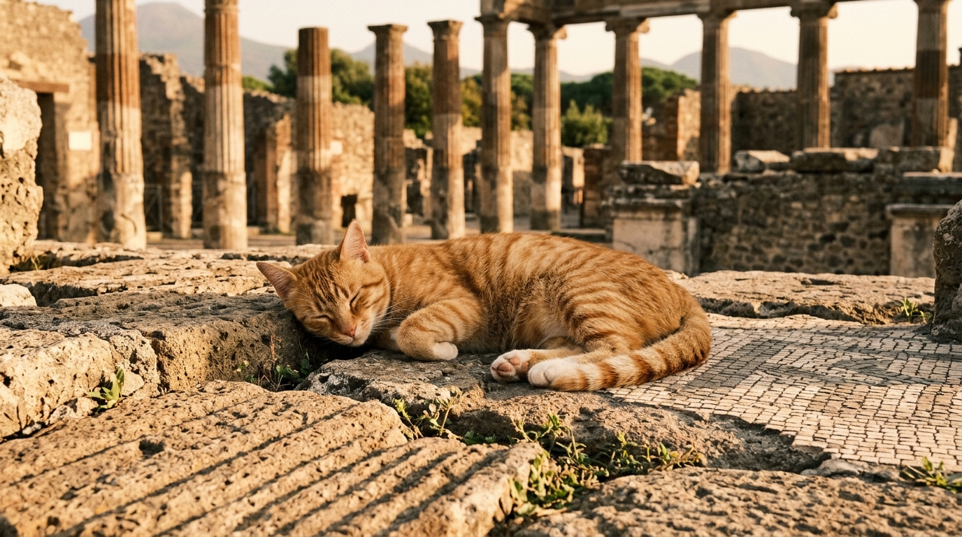 Un chat roux couché sur une pierre antique au soleil à Pompéi