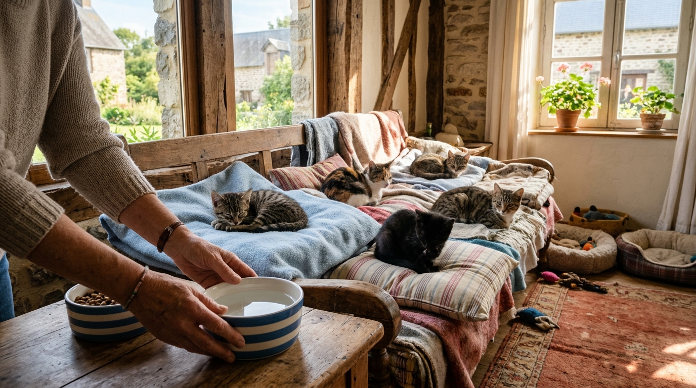 Des chats sauvés d'une maison insalubre se reposent au chaud dans une famille d'accueil en Normandie