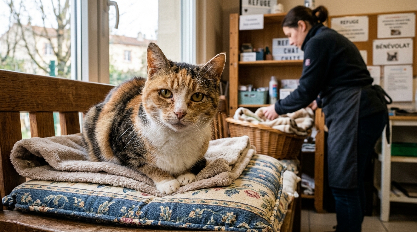 Une chatte âgée tricolore installée confortablement dans un refuge en France.