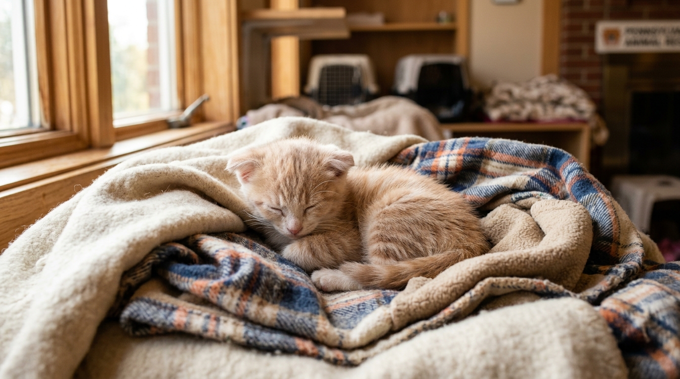 Une petite chatte rousse et blanche recueillie doucement par des mains bienveillantes