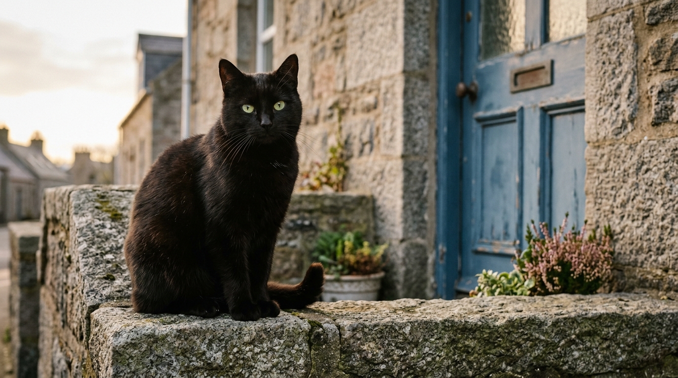 Une chatte noire au pelage brillant assise devant une maison de ville en Écosse.