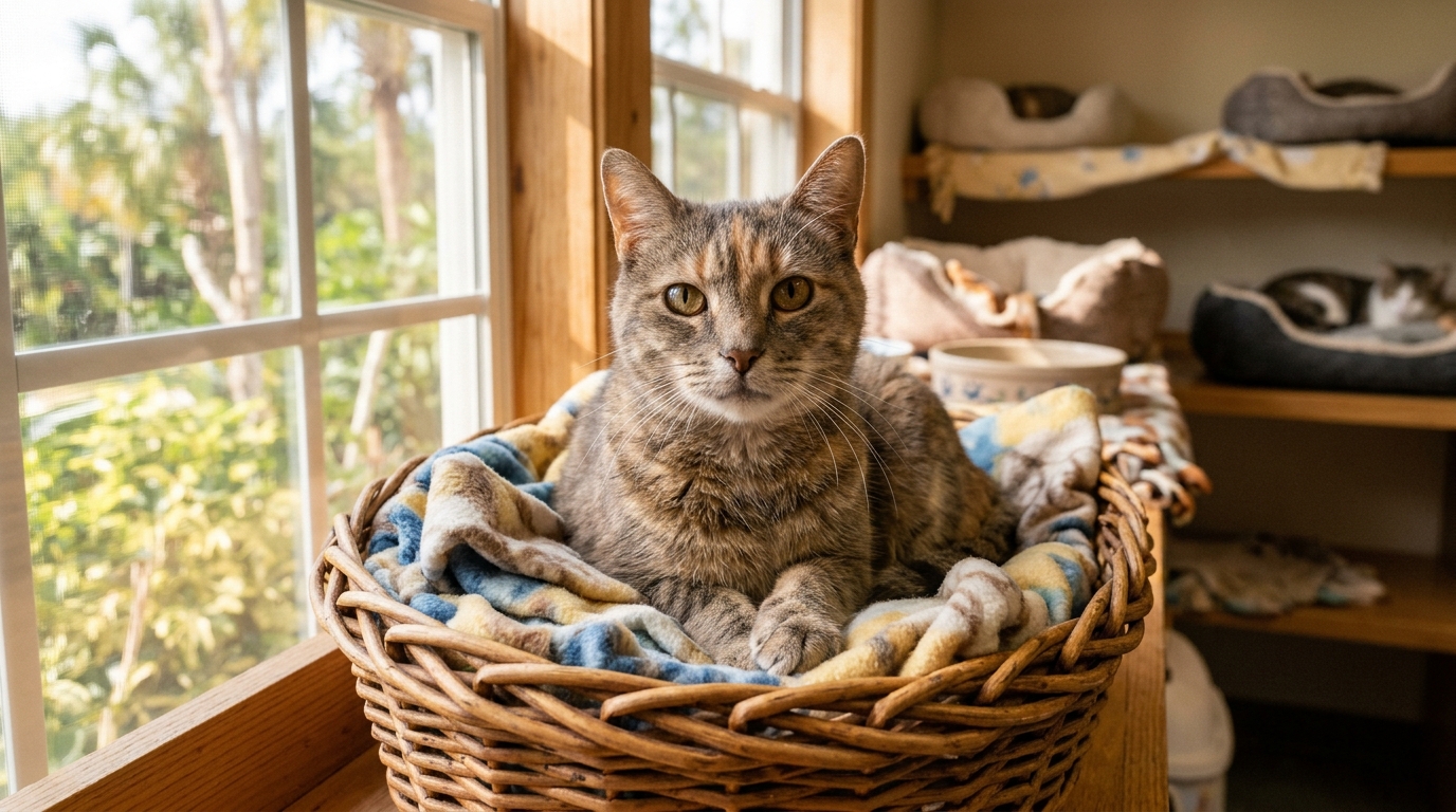 Une chatte senior aux yeux doux assise tranquillement dans un refuge lumineux
