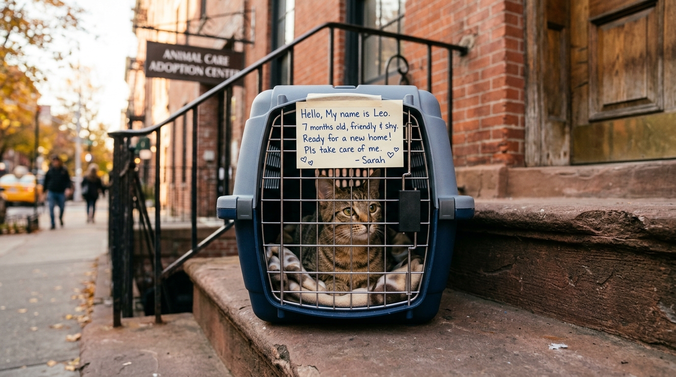 Une chatte tigrée aperçue dans une caisse de transport devant la porte d'un refuge à New York