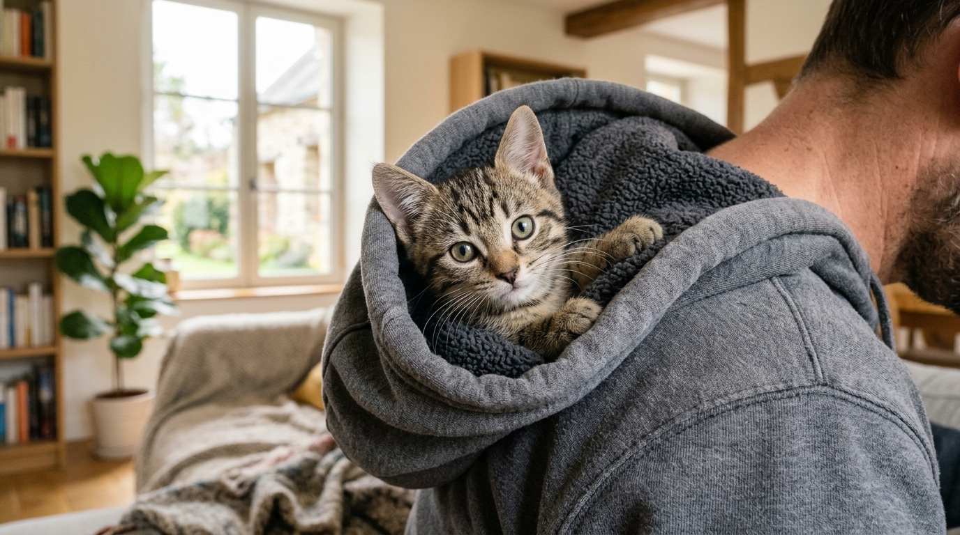 Petite chatte installée confortablement dans la capuche du sweat-shirt de son sauveur.