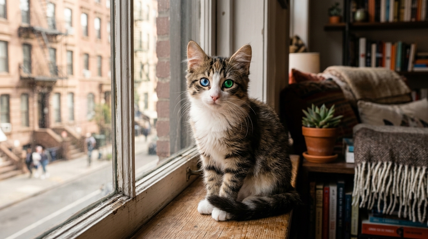 Une jeune chatte aux yeux vairons assise confortablement près d'une fenêtre d'un appartement lumineux.