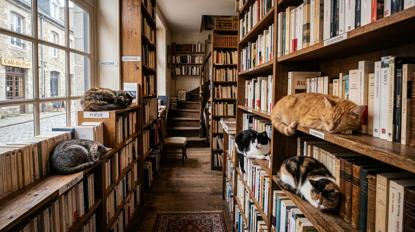 Plusieurs chattes dormant paisiblement sur les étagères en bois d'une librairie chaleureuse à Dunkerque.