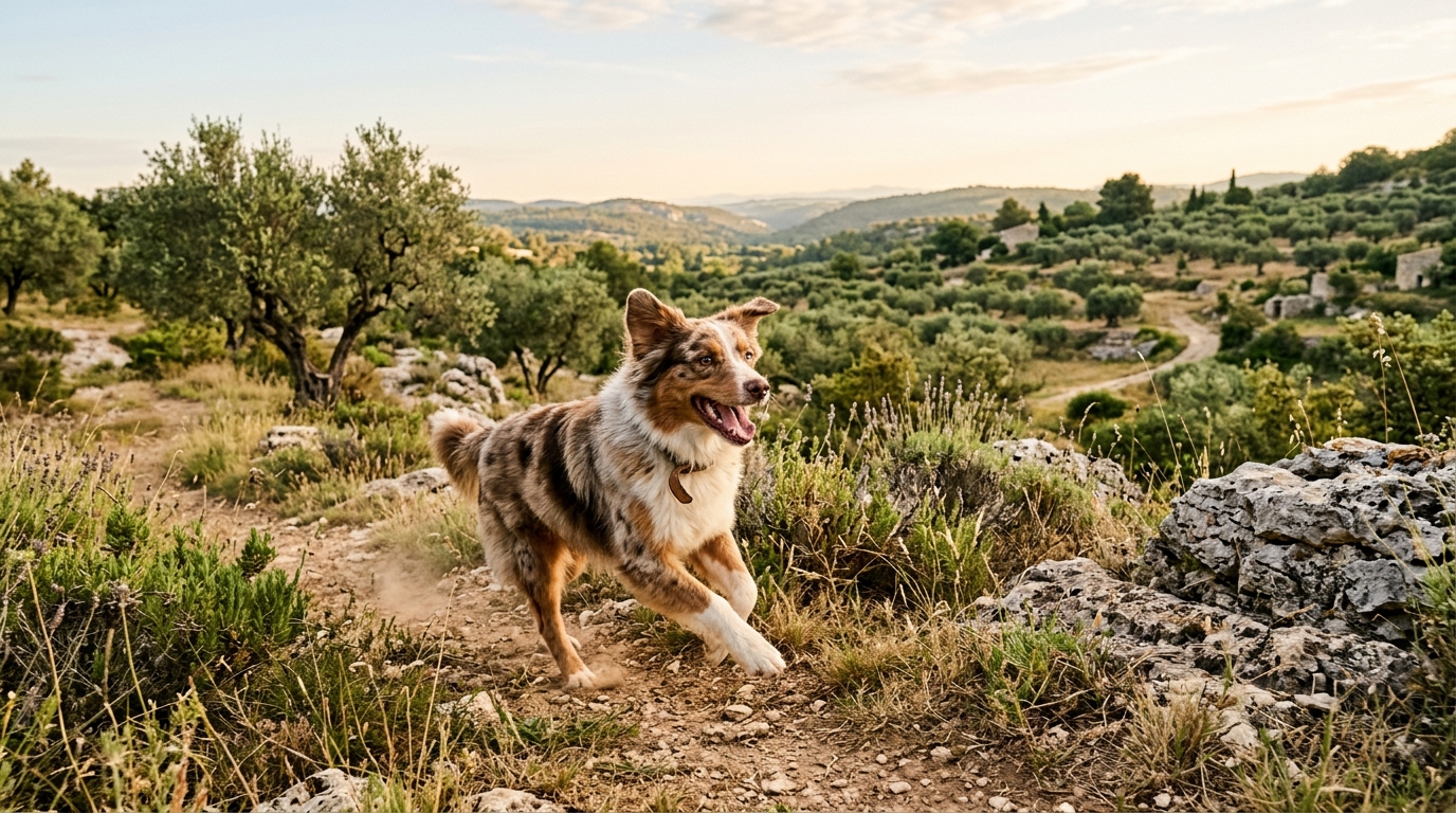 Un chien plein de vie gambadant joyeusement dans la campagne provençale.