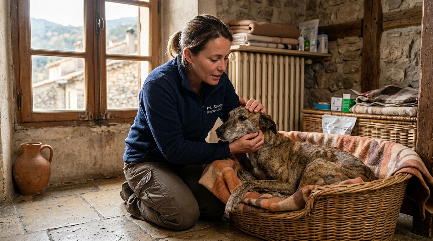 Un bénévole réconfortant un chien secouru à Coaraze