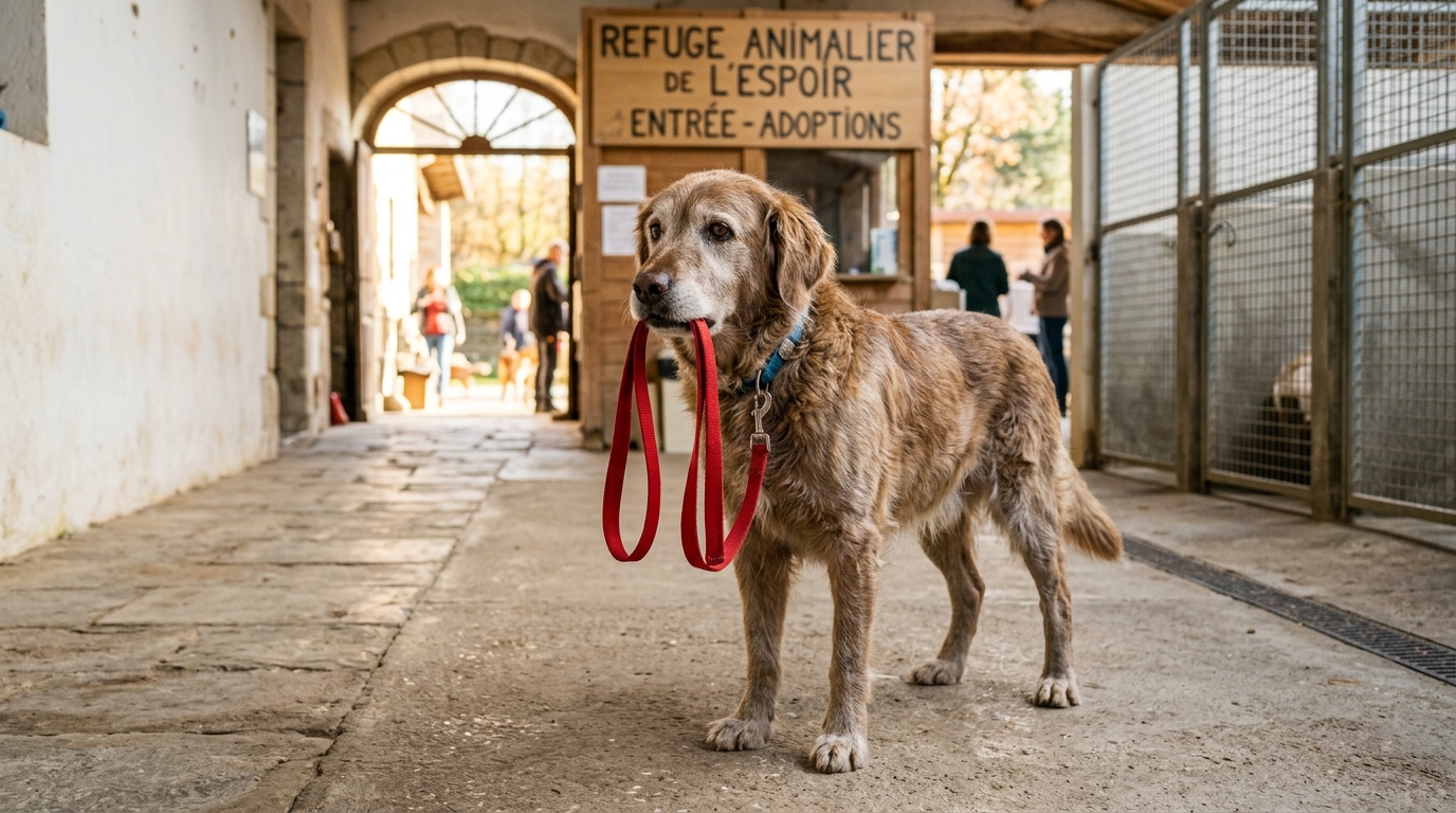 Un chien âgé tenant une laisse rouge dans sa gueule dans un refuge en France.