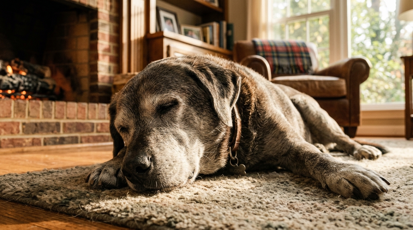 Un chien âgé croisé assis paisiblement dans un salon chaleureux aux États-Unis.