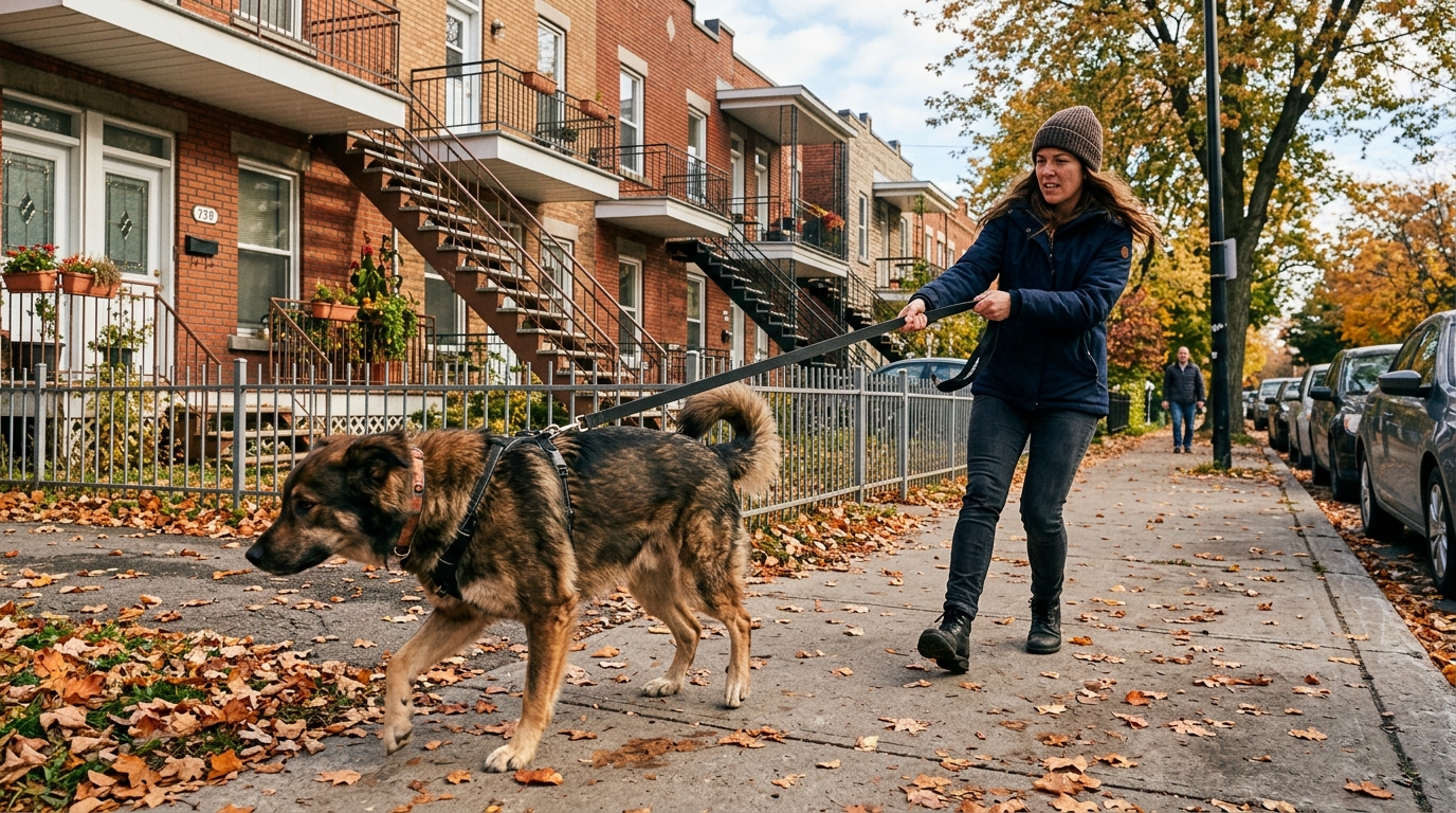 Un grand chien tenu en laisse par sa maîtresse sur un trottoir urbain à Montréal.