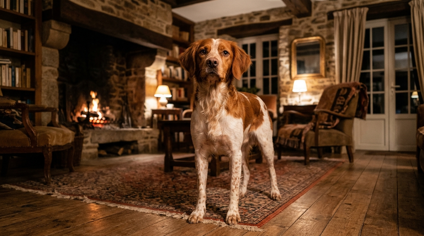 Un chien attentif dressant les oreilles dans une maison familiale en Bretagne.