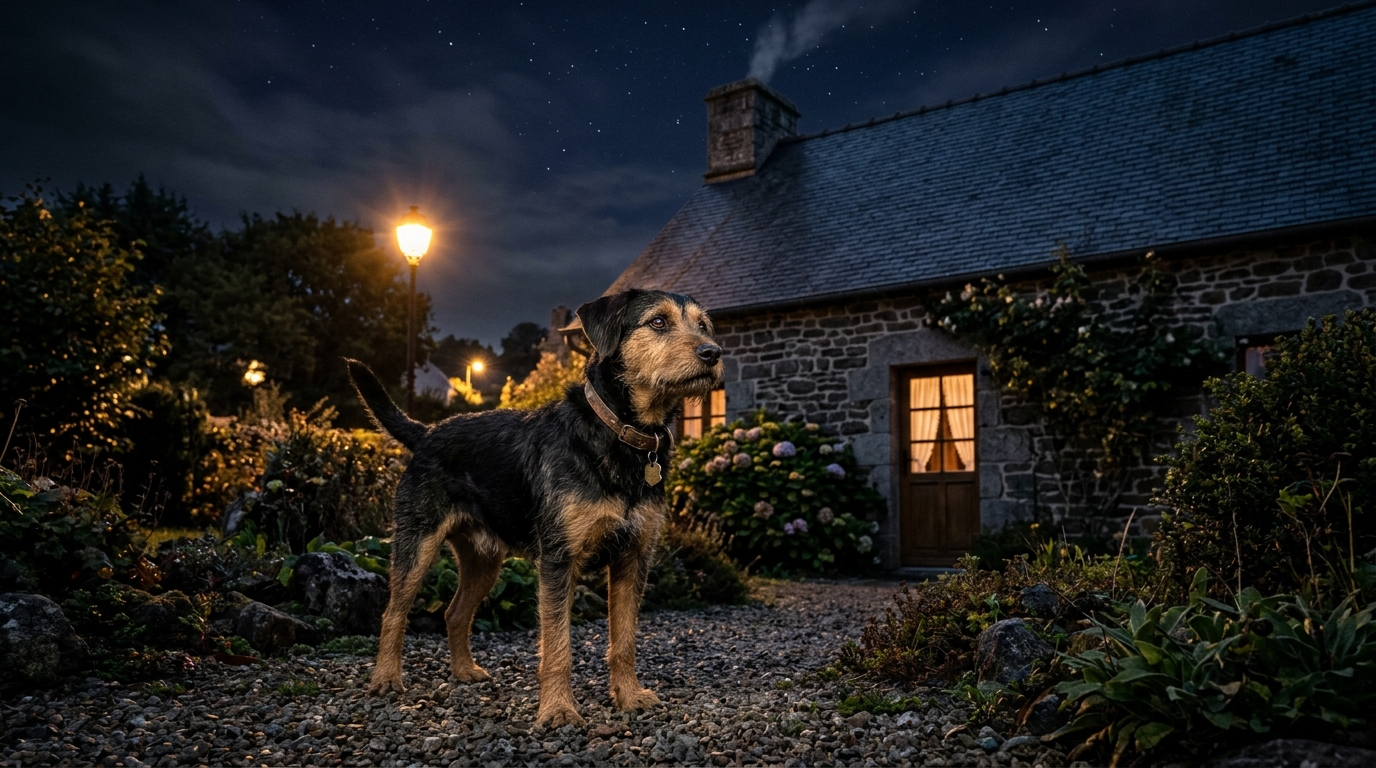Un chien vigilant assis devant une maison bretonne la nuit sous la fumée