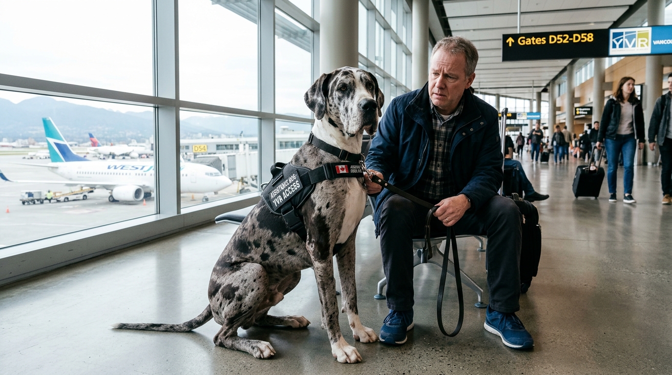 Un grand danois assis fidèlement à côté de son maître dans un hall d'aéroport.