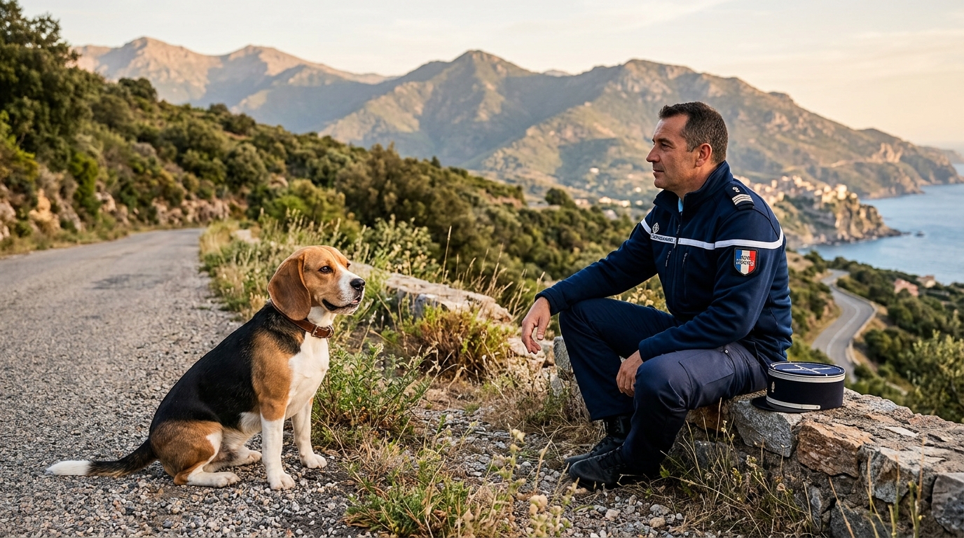 Un chien Beagle serein assis près d'un gendarme en Haute-Corse