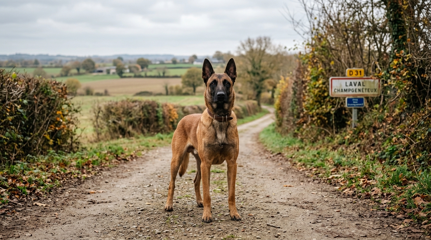 Un berger belge attentif sur un chemin de campagne en Mayenne près de Laval