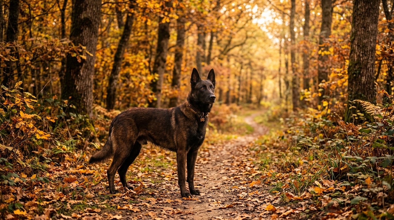 Un chien berger belge au pelage brun et noir dans la campagne de Mayenne