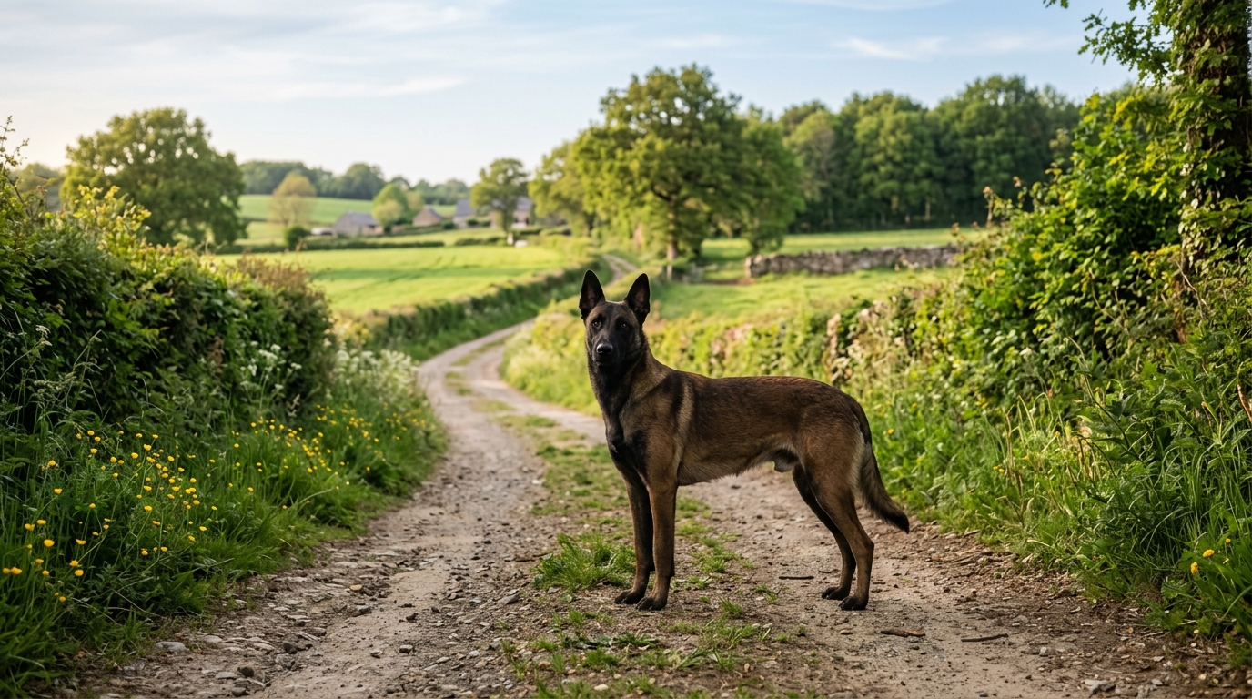 Un berger belge égaré au bord d'un chemin de campagne en Mayenne